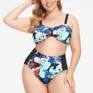 AS ROSE RICH BLACK BLUE CORAL RETRO SWEETHEART PUSH UP HIGH WAIST BIKINI SIZE 1X